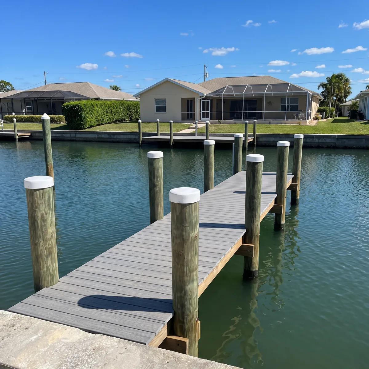 A composite boat dock on a Southwest Florida canal with a light stucco house across the water